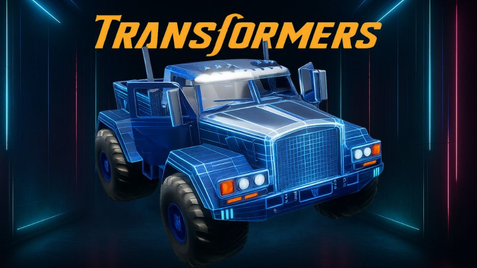 Transformer-themed car card design featuring a PUBG Mobile vehicle unlock icon, highlighting Optimus Prime aesthetic